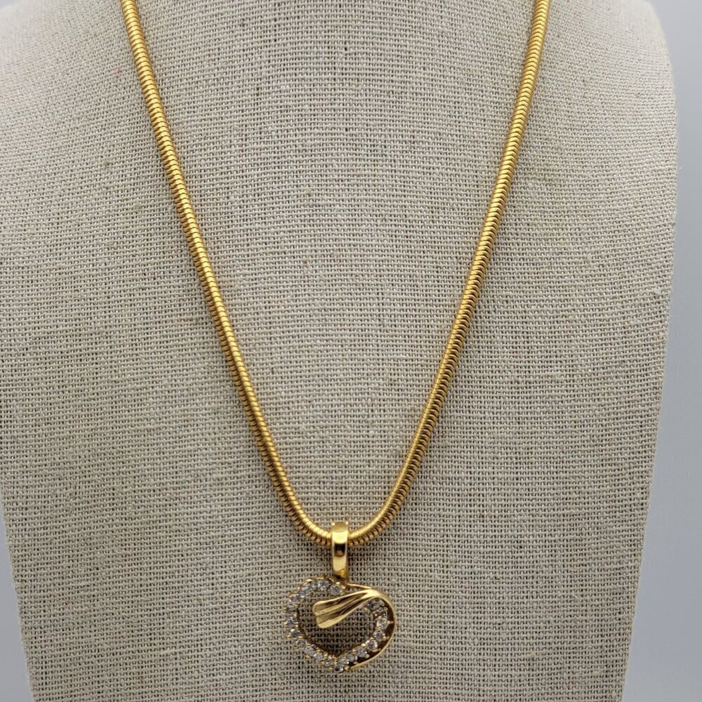 Vtg. Gold Plated CZ Heart Pendant Necklace 18 In Spring Ring Clasp Snake Chain - Picture 2 of 10